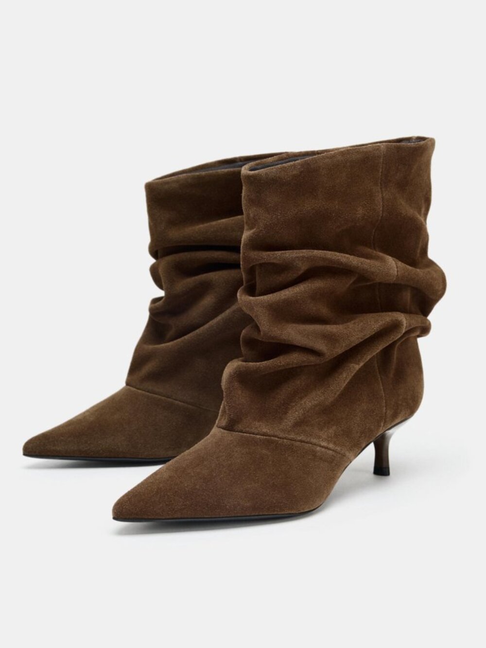 Zara Ruched Split Leather Ankle Boots | Dark Tan Brown | Kitten Heel | NWT - Picture 3 of 15